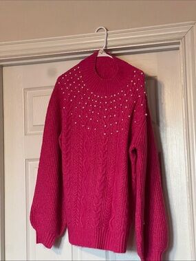 Flying Tomato Fuchsia Cable Knit Turtleneck Sweater with Pearl Detail